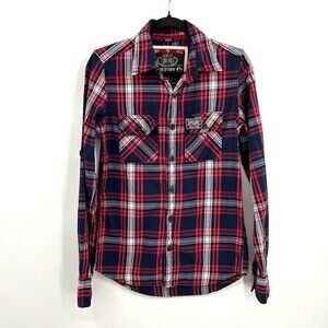 SUPERDRY Men's Red Blue Buffalo Check Plaid Cotton Button Up Shirt Size Small